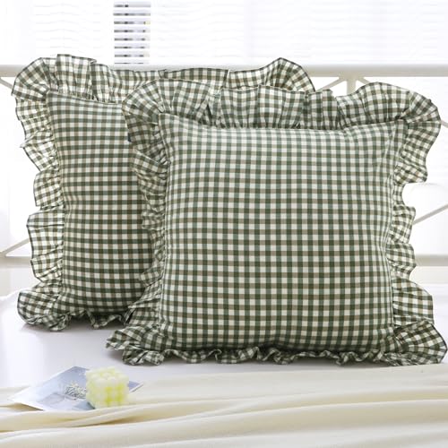 Mywinlle Sage Green Gingham Plaid Ruffle Throw Pillow Covers 18"x18" - color: Green Plaid, size: 18" x 18" (Pack of 2)