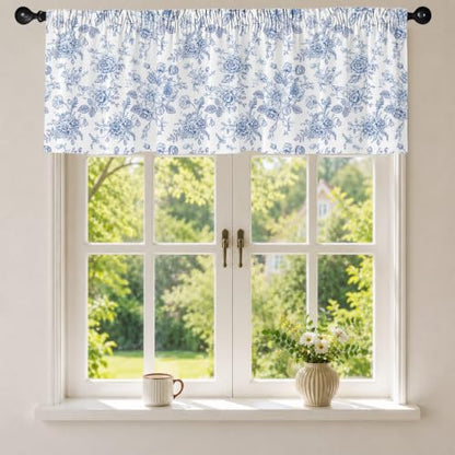 Blue Floral Blackout Window Valance Curtain, Toile Flower Valances - color: Flower 5, size: 52"W x 18"L (Pack of 1)