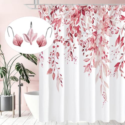 Pink Plant Leaf Shower Curtain Hooks,Eucalyptus Bathroom Decor,12PCS - color: Pink