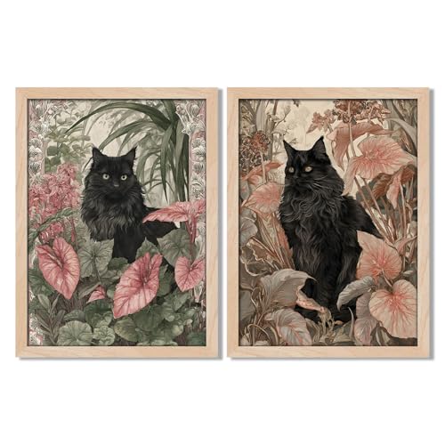 Leaf&Lore Framed Black Cat Botanical Wall Art – Vintage Floral Cat Canvas Painting with Solid Wood Frame & Acrylic Cover, Elegant Nature Picture Prints for Living Room Home Decor8x10IN - color: Black Cat, size: 8x10Inch