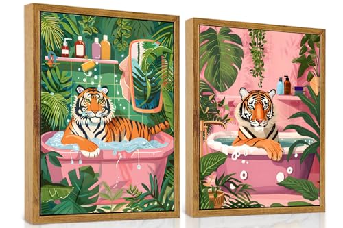 2-Pack Framed Whimsical Tiger In Bathtub Wall Art for Bathroom 12″×16″ - color: Tiger in Bathtub, size: 12"x16"