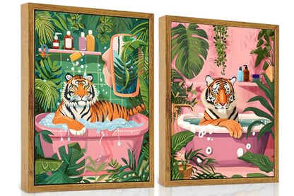 2-Pack Framed Whimsical Tiger In Bathtub Wall Art for Bathroom 12″×16″ - color: Tiger in Bathtub, size: 12"x16"