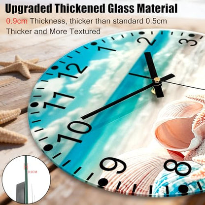12 Inch Thick Glass Wall Clock - Wall Clocks Battery Operated with Unique Exclusive Beach Shell Design Silent Non Ticking Analog Clock for Bedroom, Living Room, Office, Classroom, Bathroom - color: Blue White, size: 12 Inch
