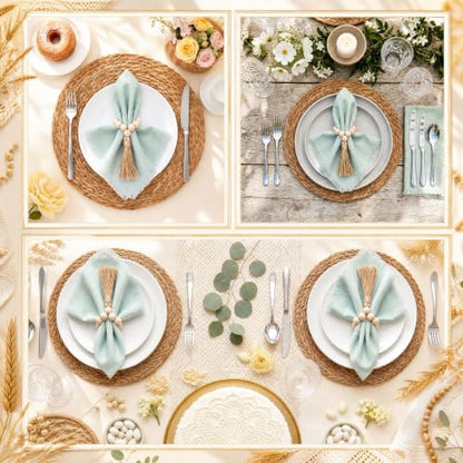 Fanfanwin Set of 6 Woven Placemats with Sage Green Napkins, 13" - color: Sage Green