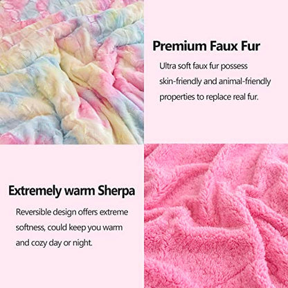 NEWCOSPLAY Faux Fur Sherpa Queen Blanket for Couch, Light Rainbow, 90"x90" - color: Light Rainbow, size: Queen(90"x90")