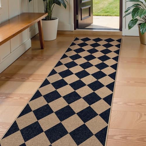Lahome Checkered Easy Jute Rug, 2'6" x 8' Carpet Runners for Hallway 8ft Washable Rug Non Slip Kitchen Runner, Checkerboard Black Indoor Outdoor Carpet for Entryway