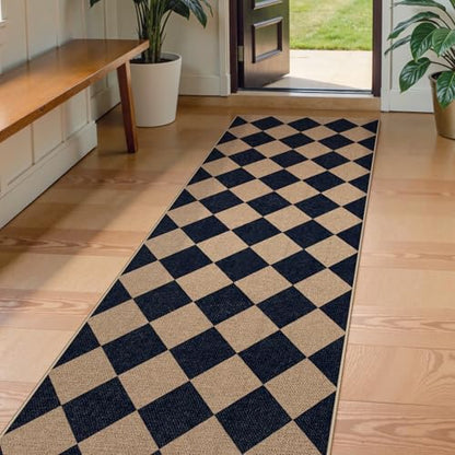 Lahome Checkered Easy Jute Rug, 2'6" x 8' Carpet Runners for Hallway 8ft Washable Rug Non Slip Kitchen Runner, Checkerboard Black Indoor Outdoor Carpet for Entryway