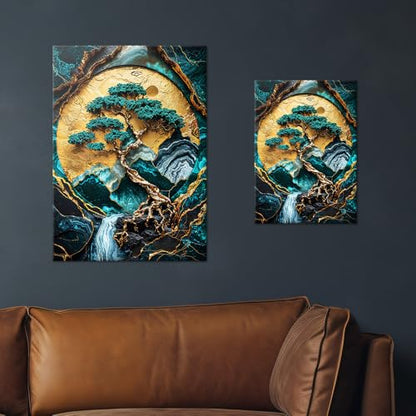 Displate 금속 포스터 Pixaverse 골든 트리 오브 하모니 아트 월 아트 L - size: 26.6"L x 18.9"W, style: 분재 나무