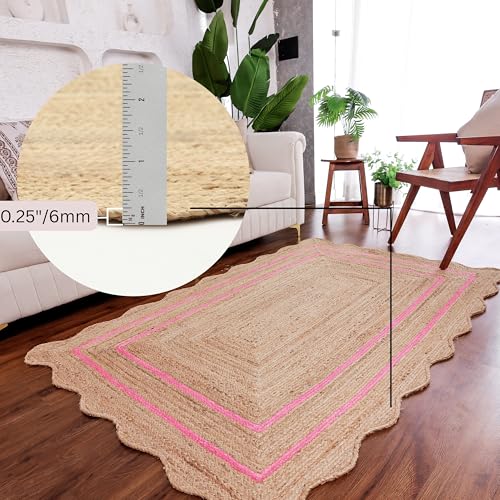 Wave Scalloped Jute Rug Entryway Natural Boho Area Rug Dark Pink 2'x3' - color: Dark Pink, size: 2'x3'