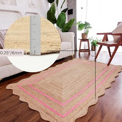 Wave Scalloped Jute Rug Entryway Natural Boho Area Rug Dark Pink 2'x3' - color: Dark Pink, size: 2'x3'