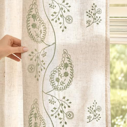 jinchan Linen Curtains 96 Inch Sage Floral Drapes Back Tab 2 Panels Set - color: Sage on Beige, size: 50"W x 96"L (Pack of 2)
