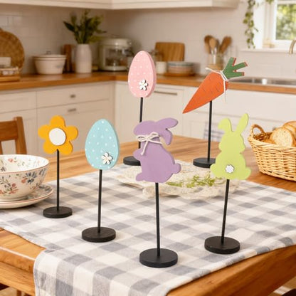 JIALEIXI 6PCS Wooden Easter Decorations, Spring Bunny Rabbit Egg Flower Table Sign, for Home Indoor Party Holiday Summer Farmhouse Decor