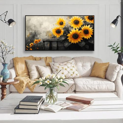 The Mode Art Sunflower Wall Art Canvas Painting, 30 x 58 inches, Black and Yellow Flower Canvas Prints Rustic Farmhouse Sunflower Pictures For Living Room Bedroom Wooden Frame - color: Yellow/Gray, size: 58"L x 30"W
