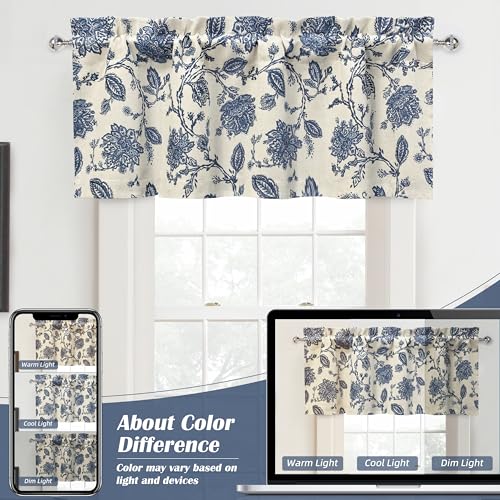 DriftAway Freda Jacobean Floral Linen Blend Blackout Thermal Insulated Energy Saving Privacy Window Linen Curtain Valance Rod Pocket 2 Layers Single 52 Inch by 18 Inch Plus 2 Inch Header Navy Beige - color: Navy, size: 52"W x 18"L (Pack of 1)