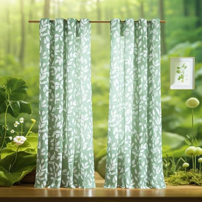 White Green Linen Curtains 63" Leaf Print Semi Sheer Panels Privacy Drapes - color: Green, size: 52"W x 63"L (Pack of 2)