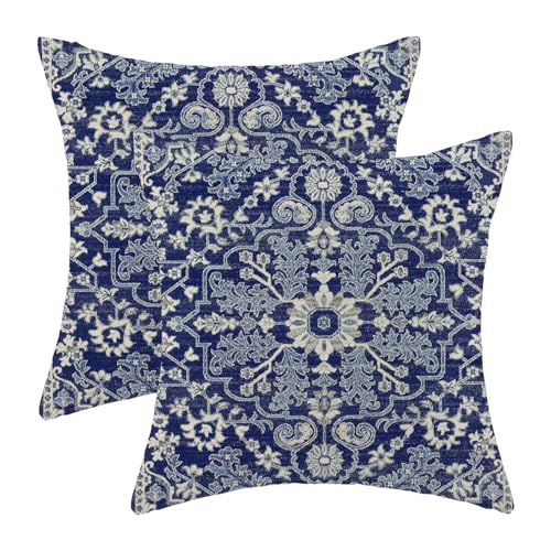 Navy Blue White Boho Pillow Covers 18x18 Set of 2, Carpet Design Decorative Boho Throw Pillows Linen Farmhouse Bohemian Cushion Pillow Covers for Sofa Couch Outdoor Decor - color: Boho-3, size: 18" x 18" (Pack of 2)