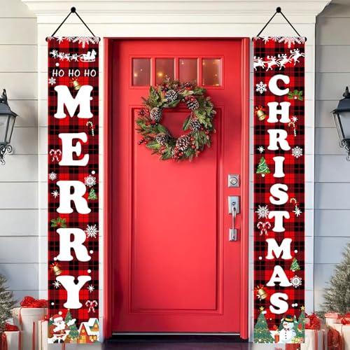 Christmas Decorations Outdoor Yard Front Porch Sign Set, Red Black Buffalo Plaid Door Banner, Hanging Merry Christmas Decorations for Home, Indoor Outdoor Xmas Decor Wall Front Door Yard Garage(Red)