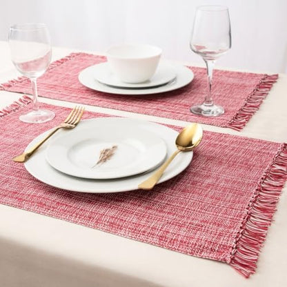 Cotton Placemats Set of 6-13x19 Inch, Woven Chambray Place Mats, Durable & Elegant for Dining Table, Wedding, Restaurant, Machine Washable, Oeko-TEX Certified -Winery/Red - color: Winery Red - Chambrey