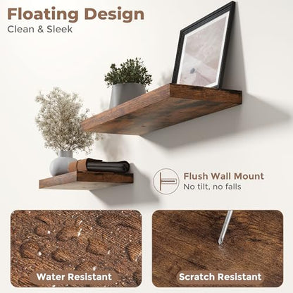 16 Inch Floating Shelves for Wall 2 Pack, 8"D Wood Grain Bathroom Shelves - color: Rustic Brown Finish, size: 16"W x 8"D x 1.2"H, 2 Pack