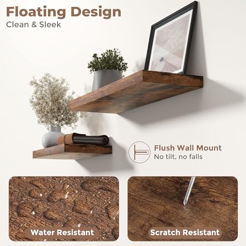 55 Inch Floating Shelves for Wall 2 Pack, 8"D Wood Grain Bathroom Shelves - color: Rustic Brown Finish, size: 55"W x 8"D x 1.2"H, 2 Pack