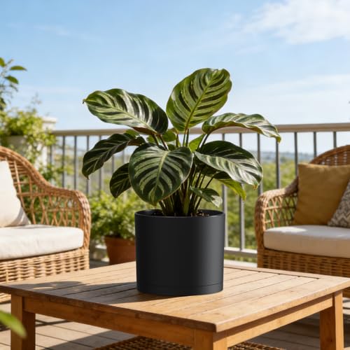 Plant Pots, 10/9/8 Inch 3 Pack Cylindrical Flower Pots with Drainage Holes and Saucers, Plastic Planters for Outdoor Indoor Plants,Black - color: Black