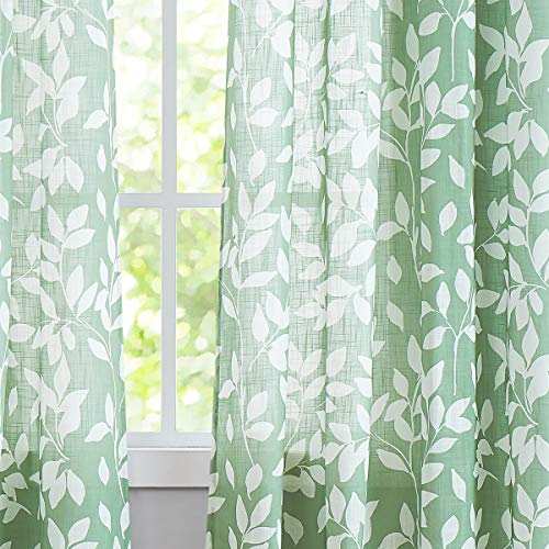 Leaf Print Semi Sheer Curtains 95" Green White Bedroom Drapes Panels 2pk - color: Green, size: 52"W x 95"L (Pack of 2)