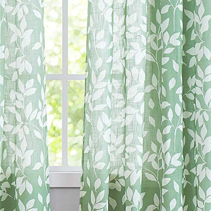 Leaf Print Semi Sheer Curtains 95" Green White Bedroom Drapes Panels 2pk - color: Green, size: 52"W x 95"L (Pack of 2)