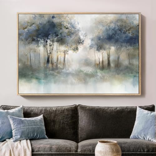 Large Framed Abstract Nature Landscape Wall Art, Rustic Horizontal Misty Lake Blue and Green Tree Pictures Artwork for Walls, Canvas Prints Paintings for Living Room Bedroom Wall Decor, 32x48 in - color: Misty Forest