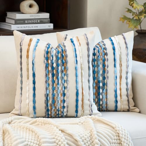 Aeckself Boho Pillow Covers 18x18 Inch Set of 2, Farmhouse Decorative Striped Square Chenille Tufted Accent Neutral Throw Pillow Covers for Living Room Couch Bed, Sky Blue - color: Sky Blue