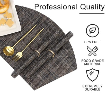 SHACOS Small Wedge Placemats Set of 4 Woven Vinyl Round Table Placemats Wipe Clean Round Table Mats Indoor Outdoor, Black Brown - color: Linen Black Brown