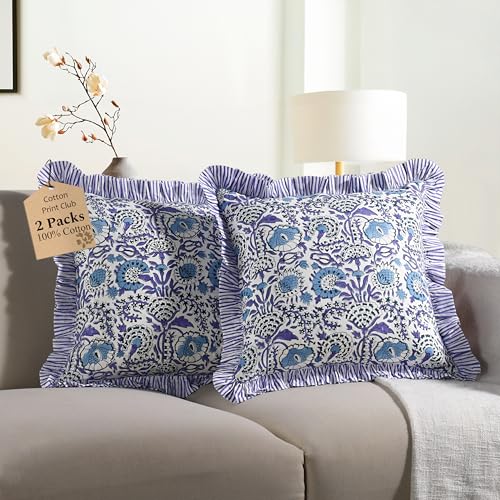 CPC Indigo Blue Block Print Ruffle Pillow Cover 18x18 Inch, Pack of 2 - color: Indigo Blue, size: 18" x 18" (Pack of 2)