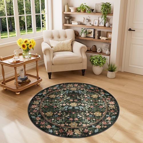 DUKINO 4ft Round Rug, Washable Vintage Floral Area Rug for Bedroom, Black - color: Black, size: 4' (Round)