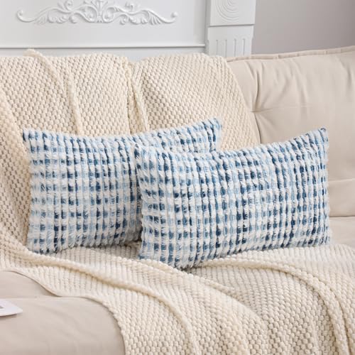 LUOYEHK Boho Throw Pillow Covers 12x20 Inch Set of 2 Chenille Tufted Pillow Case Farmhouse Neutral Cushion Covers for Couch Sofa Bed Living Room, Blue White - color: Blue White, size: 20" x 12" (Pack of 2)