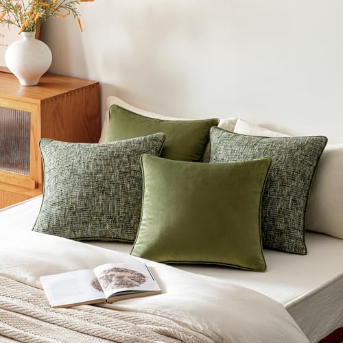 a moment Dark Green 4 Pack Throw Pillow Covers - Chenille & Velvet Set with Piping, Farmhouse Textured Design Pillow Cases for Couch Sofa Bed Livingroom (16x16 Inch, No Insert) - color: Dark Green, size: 16" x 16" (Pack of 4)