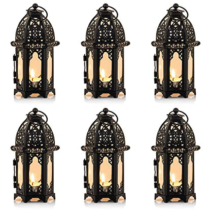 NUPTIO 6 Pcs Hanging Candle Holder Lantern Centerpiece Table/Hanging Glass Hexagon Moroccan Candle Lantern Holders, Black - color: Black, size: 6 Pcs Small Size