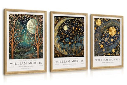 Hianan Wood Framed William Morris Moon Star Wall Art Set of 3, 12x16 in - color: Dark Blue,Gold(Wood), size: 16"L x 12"W