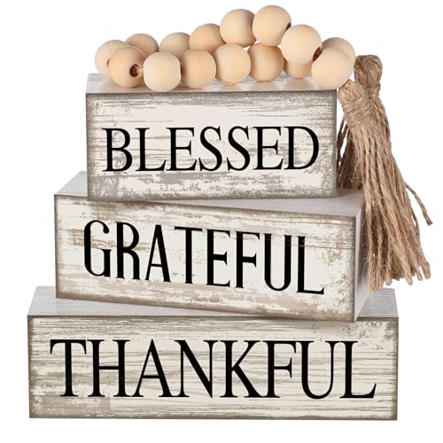 Yuntau 4 Pcs Farmhouse Table Decor Rustic Stacked Wooden Block Sign - style: Blessed