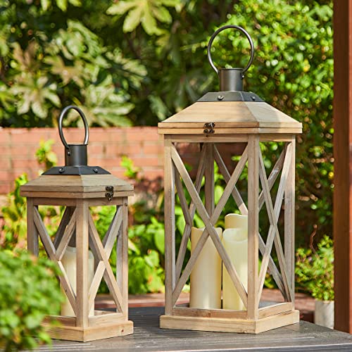 Glitzhome Set of 2 Mondern Farmhouse Wood Metal Decorative Lanterns Hanging Candle Lanterns,Natural (No Glass) - color: Brown