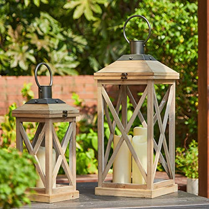 Glitzhome Set of 2 Mondern Farmhouse Wood Metal Decorative Lanterns Hanging Candle Lanterns,Natural (No Glass) - color: Brown