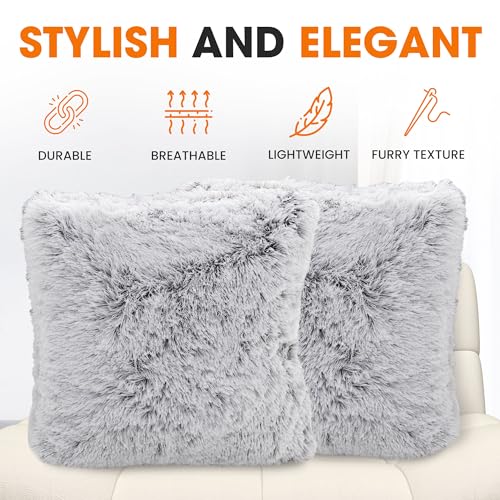 Cheer Collection Throw Pillows for Couch and Bed, Soft Shaggy Throw Pillows with Inserts Included, Cozy Long Hair Faux Fur Pillows - Set of 2-20" x 20" - Gray - color: Gray Ombre, size: 20" x 20"