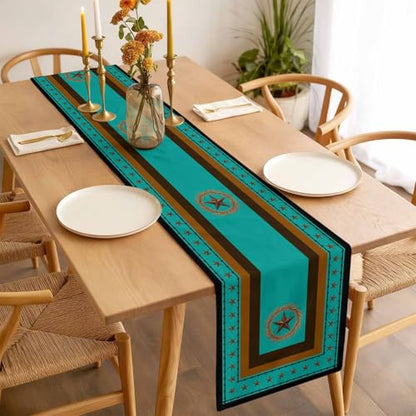 Western Texas Stars Retro Table Runner 36 Inches Long,Rustic Wheat Ears Blue Cotton Linen Table Runners Dresser Scarves,Farmhouse Fabric Tabletop Scarf Furniture Cover for Home Dinner Party 13"x36" - color: Blue Green, size: 13x36 Inches