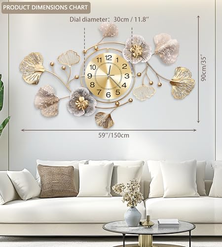 59" Modern Farmhouse Large Decorative Wall Clock, Ginkgo Metal Art - color: Retro Coffee Color, size: 59 x 35 inches