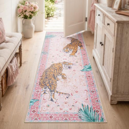 Moynesa 2x6 Pink Tiger Hallway Runner Rug, Washable Boho Runner for Kitchen - color: Pink, size: 2' x 6' (Rectangular)