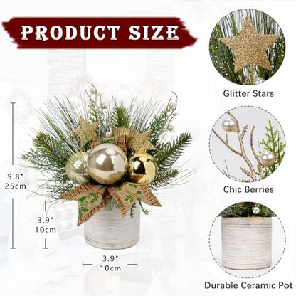 Hollyone Small Christmas Table Centerpiece 10' Artificial Mini Tabletop Christmas Potted Plant with Gold Ball Ornaments for Home Office Arrangement Centerpieces Indoor - color: Style 3