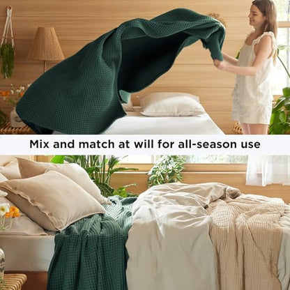 Bedsure Lightweight 100% Cotton Waffle Blanket, Queen, Dark Green - color: Dark Green, size: Queen (90" X 90")