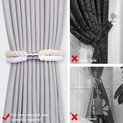 NICEEC Cotton Rope Magnetic Curtain Tiebacks, 2 Pack, Beige & White - color: Beige & White, size: 2 Pack