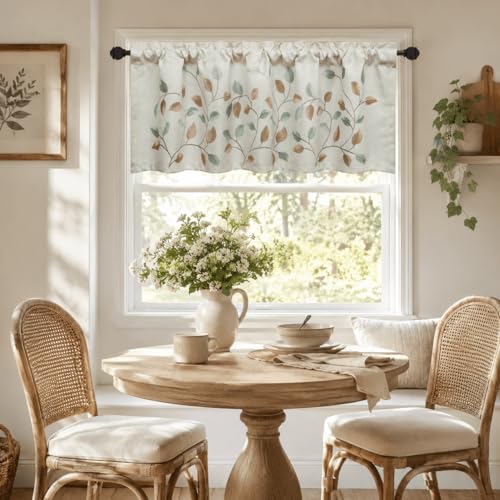 VOGOL Natural Leaf Embroidered Kitchen Valance, 52 x 18 Inches - color: W014