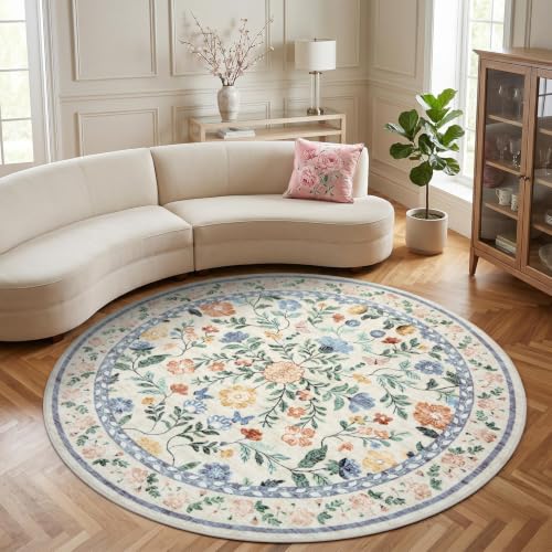 GarveeHome 4ft Round Washable Floral Rug Non-Slip Low Pile Nursery Green - color: Green, size: 4' (Round)