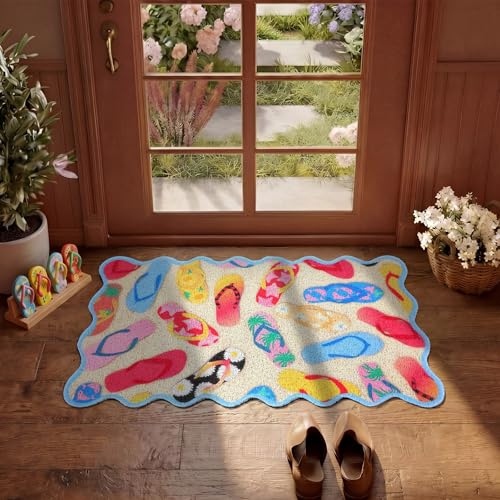 Dunzy Summer Doormat Flip Flop Welcome Mat Outdoor Colorful Scalloped Rug - style: Slippers