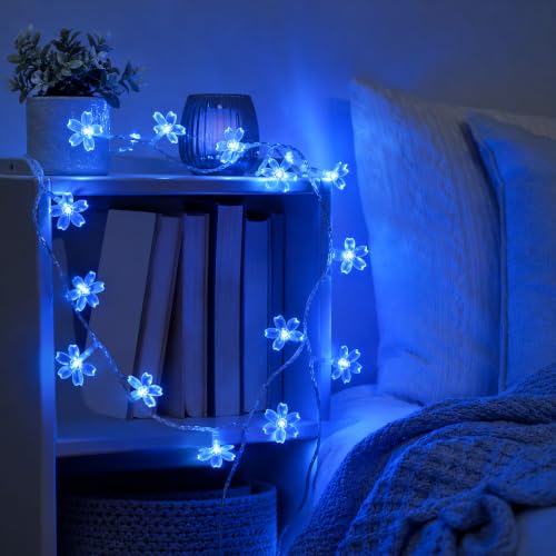 Plug in Blue Flower String Lights, 33ft 100 LED Cherry Blossom Fairy Lights - color: Blue